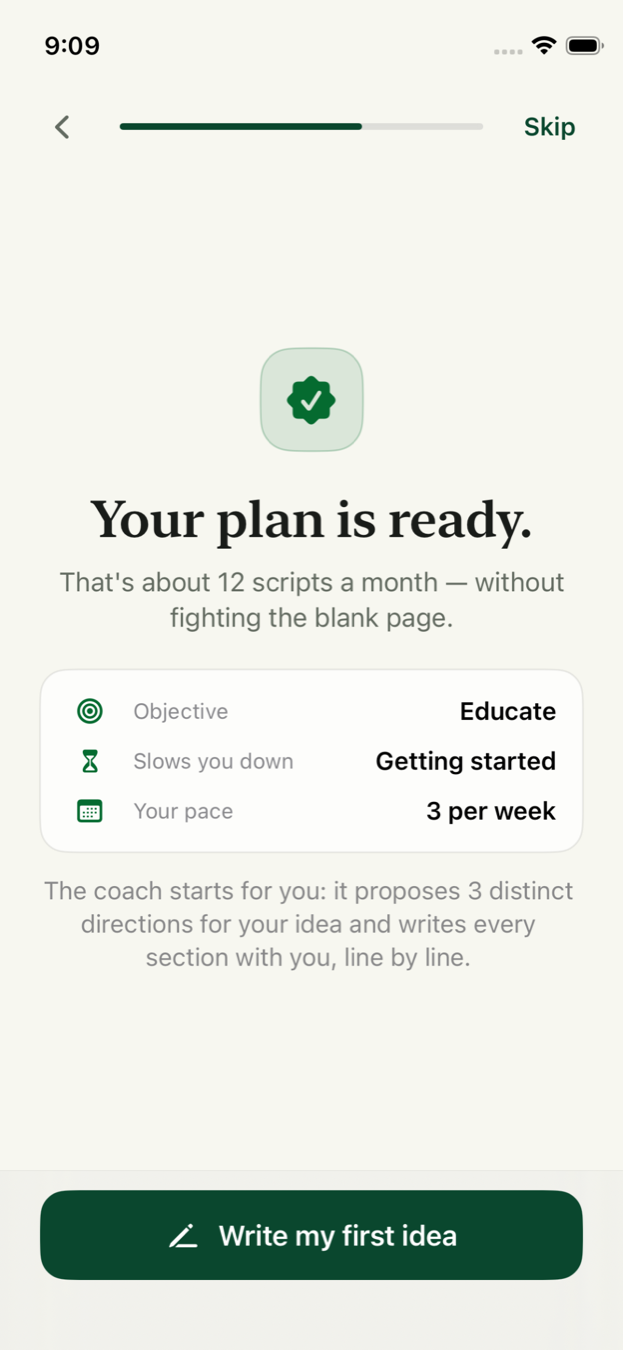Pantalla del plan personalizado de Script Studio