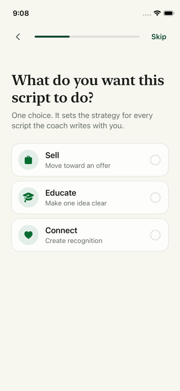Pantalla de preguntas del onboarding de Script Studio