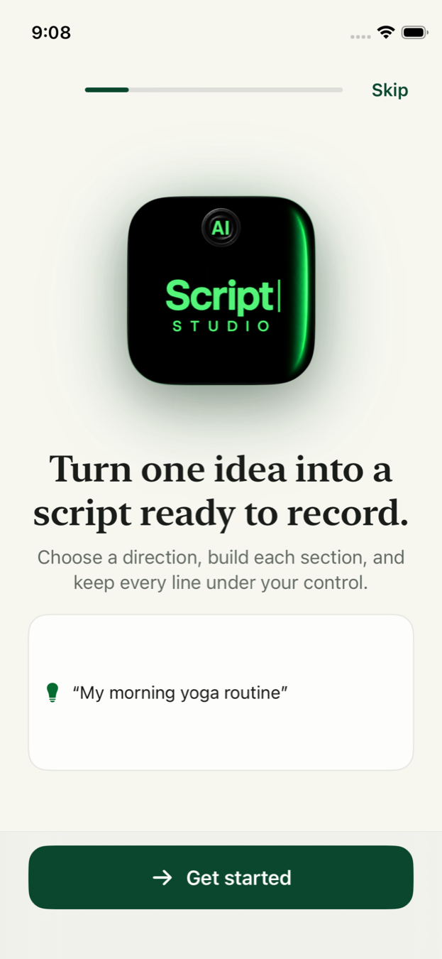 Pantalla de bienvenida de Script Studio: convierte una idea en un guion listo para grabar